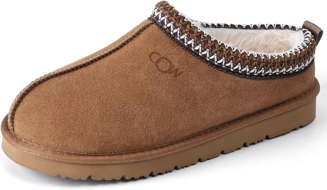 OOW Genuine Suede Slippers for Women with Memory Foam Fuzzy House Shoes for Indoor Outdoor (5, Chestnut)