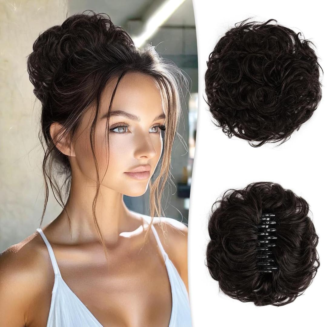 RUWISS Large Messy Bun Hair Piece with Claw Clip Human Hair Bun Wavy Curly Chignon Hair Bun Extensions Tousled Updo Hair Pieces for Women Claw Clip Ponytail Hair Scrunchies for Women, Brown Black