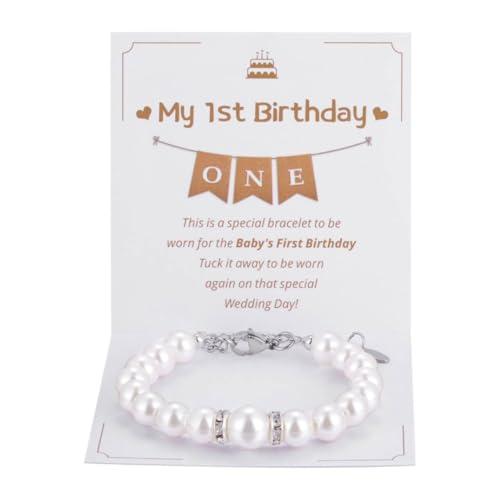 Kvekstio First Birthday Pearl Bracelet Gift for 1 Year Old Daughter Granddaughter Niece, Happy 1st Birthday Jewelry, Wonderful 1st Birthday White Pearl Adjustable Bracelet Gift for Age One