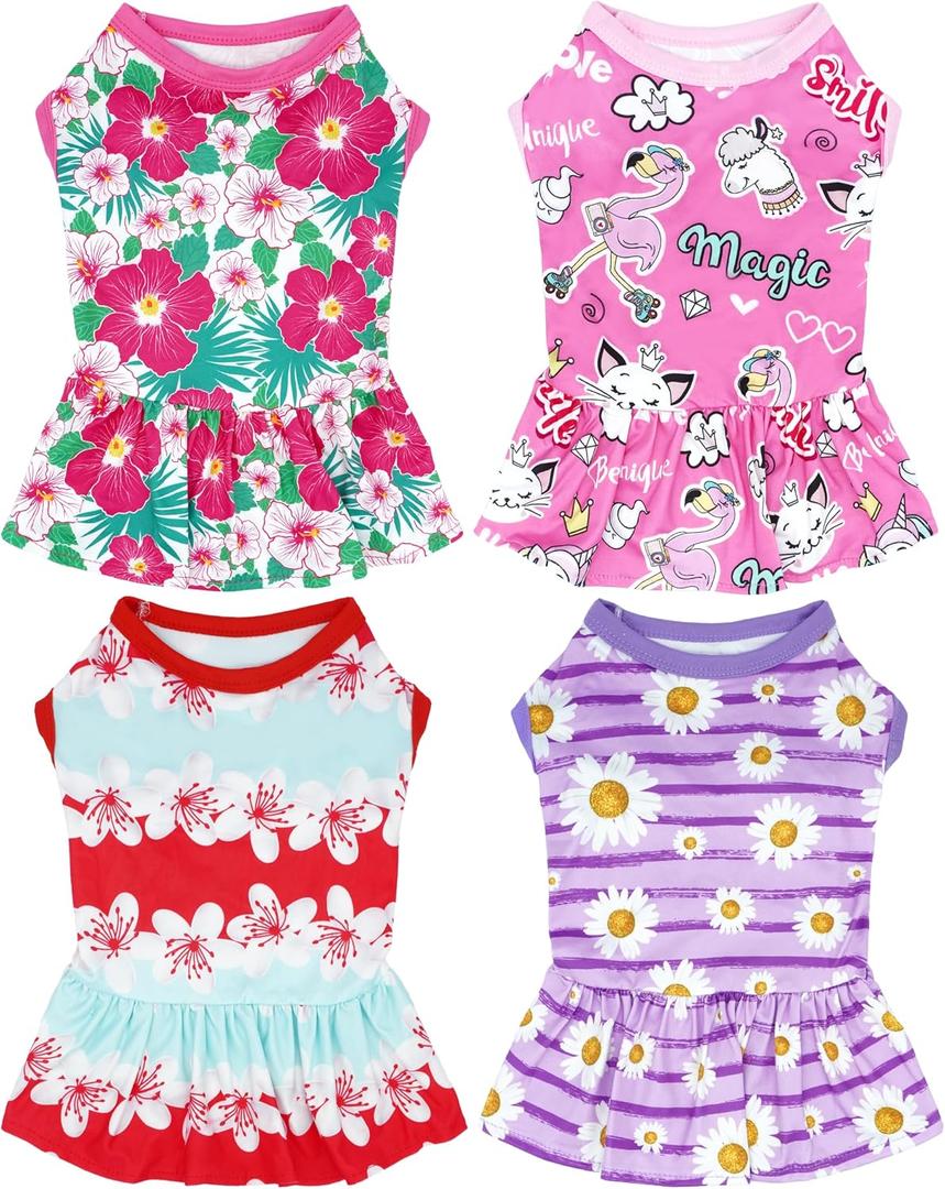 4PCS Dog Dresses Shirts for Extra Large Dogs Girl Female Pink Purple Red Skirts Summer Clothes Pet Apparel Floral Sundress Small Daisy Unicorn Stretchable Lightweight Outfit XL