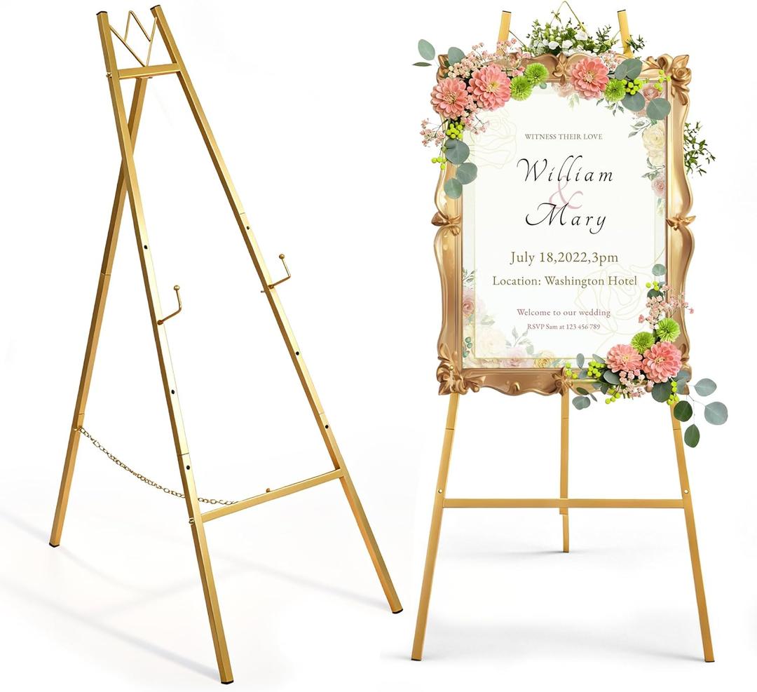 57.5" Gold Easel Stand for Sign, Wedding Sign Stand for Display, Assembly Required, 4 Adjustable Height Levels Heavy Duty Metal Display Stand Floor Standing Easels for Art, Paintings, Pictures