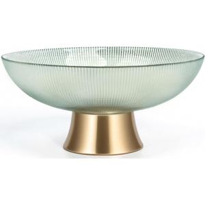 Round Glass Decorative BowlGreen, 9.8 Inches Handblown Striped Design Fruit Bowl with Rust-Resistant Metal Base for Home Decor, Table Centerpiece, Kitchen Island and Dining Decor