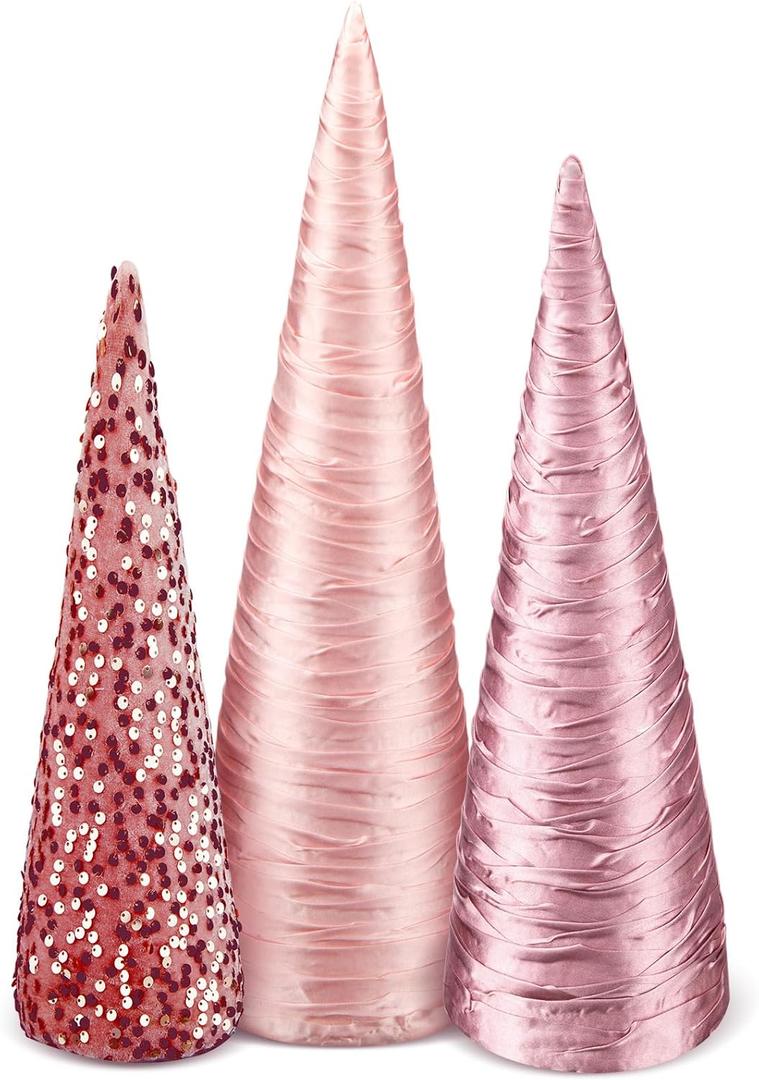 3 Pcs 14" 12" 10" Pink Christmas Cone Tree Decoration Velvet Pink Christmas Tree Cones Sequin Glitter Xmas Table Decor Farmhouse Xmas Ornament Tabletop Centerpiece for Holiday Winter Home Decor