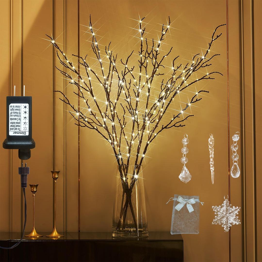 Fudios Lighted Branches Plug in 32IN 200 LED Mantle Winter Decor, Brown Twig Branch Lights for Christmas Holiday Party Indoor Outdoor (32in-1 set)