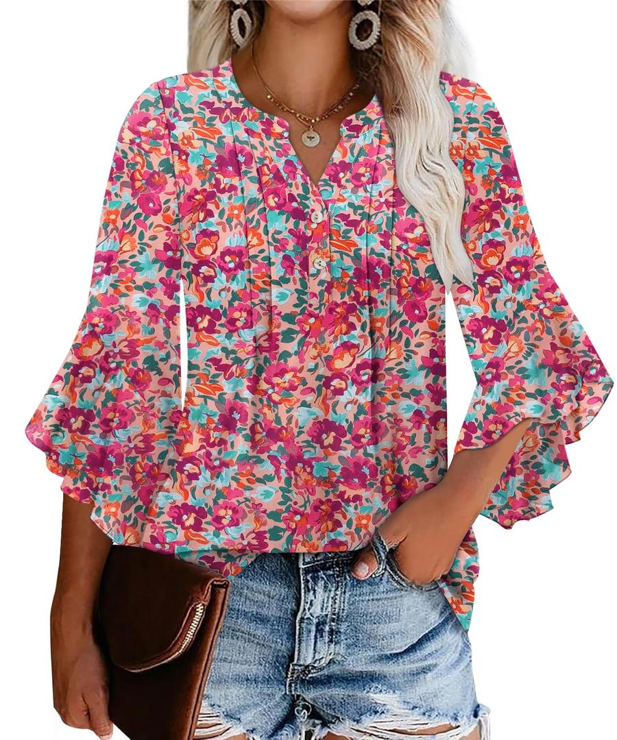 Angerella Summer Tops for Women 2025 3/4 Length Sleeve Elegant Formal Blouses Business Shirts Office Work Dressy Tops Evening Night Wear Spring Young Multi Violet M (M)