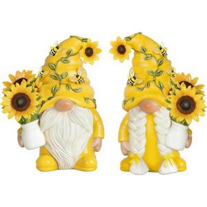 Yellow Sunflower Gnome Figurines - Indoor Home Office Kitchen Spring Decor, Summer Gnomes Gifts for Women, Resin Bee Statues for Table Shelf Decorations