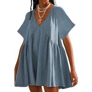 Womens Summer Mini Dress Casual Short Sleeve Loose V Neck Swing Sundress with Pocket (X-Small, Bluegrey)