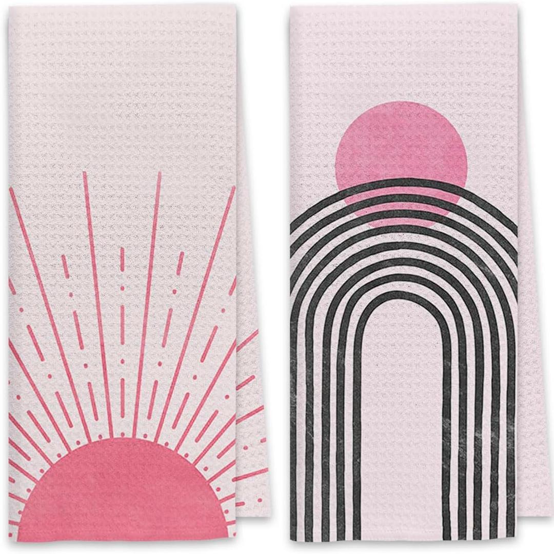Dibor Boho Sun Line Rainbow Kitchen Towels Dish Towels Dishcloth,Boho Nature Landscape Decorative Absorbent Drying Cloth Hand Towels Tea Towels for Bathroom Kitchen(Set of 2) (Pink)