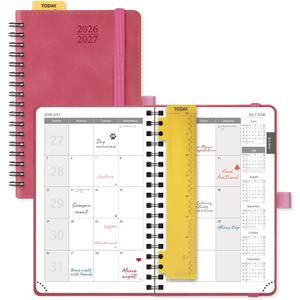 POPRUN 2026-2027 Monthly Planner, Small 4" x 6.25", 18 Month Calendar Agenda (July 2026 - December 2027) with Expense Tracker, Notes Pages, Sprial Bound, Leather Softcover - Magenta