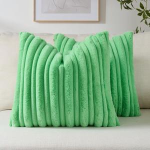 FUTEI Pack of 2 Faux Rabbit Fur Throw Pillow Covers 18x18 Inch Soft Fluffy Thick & Thin Striped Textured Decorative Cushion Case Modern Farmhouse Accent for Couch Bed Living Room, Grass Green