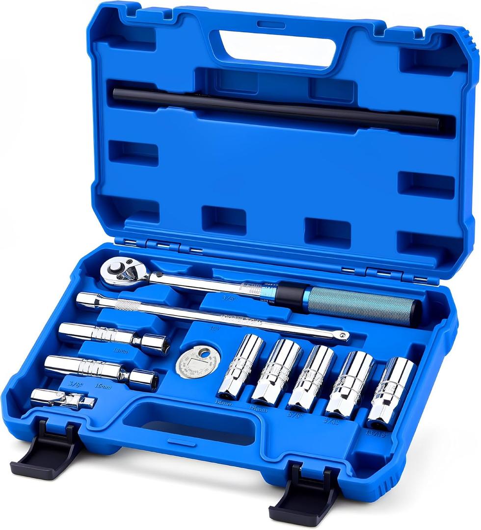 12pc Magnetic Spark Plug Socket Set with Installation Tube, 3/8" Click Torque Wrench, Spark Plug Gap Tool, Magnetic Swivel Sockets, U Joint and 10" Extension Bar 12pcs
