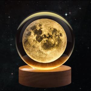 Flexzion 3D Moon Crystal Ball Night Light - LED Light Hologram Glass Lamp with Solid Wood Base, USB Powered Crystal Ball Lamp with Adjustable Brightness for Home Decor Display Gift, 2.4inch(60mm)