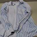 Women's Striped Button Down Shirts Long Sleeve Smocked Cuffed Oversized Boyfriend Blouses Collared Work No Pockets Tops (Blue)