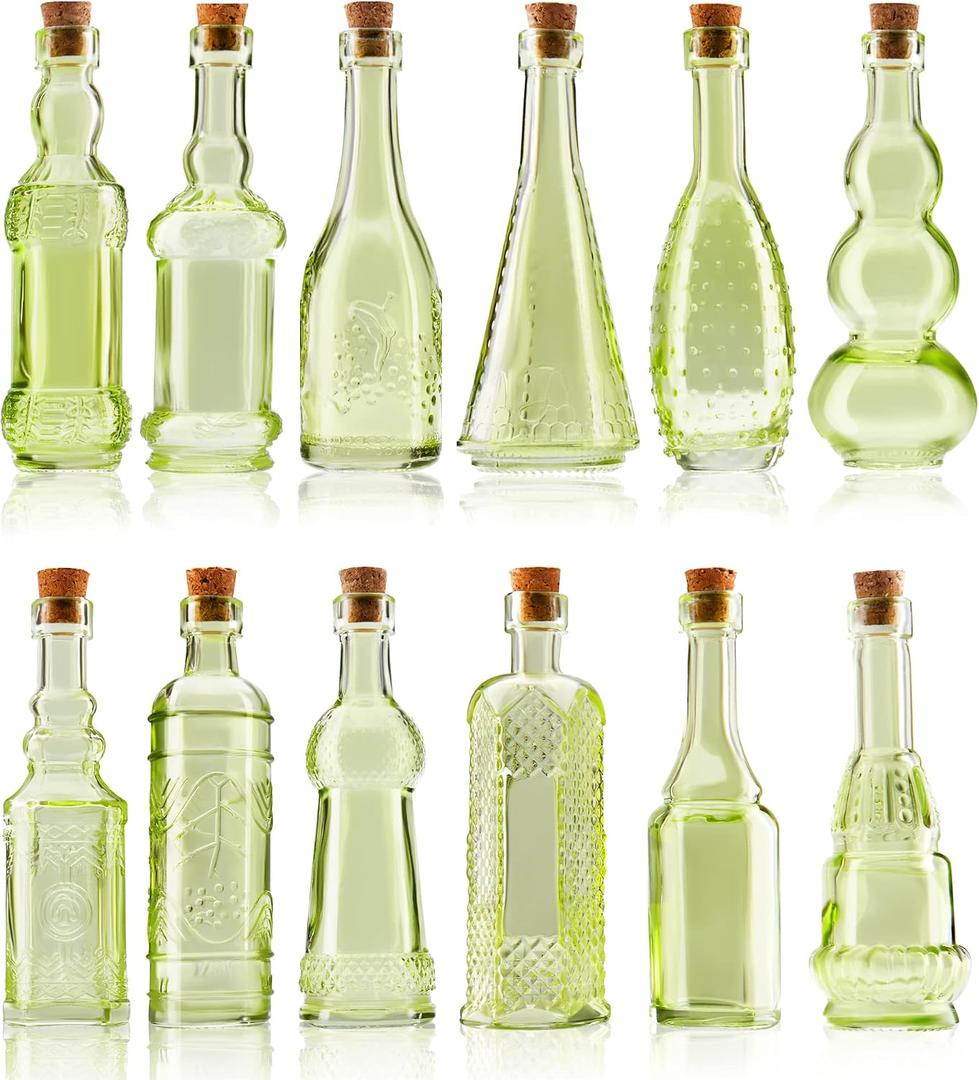 BULK PARADISE Small Mini Green Vintage Glass Bottles with Corks, Mini Vases, Decorative, Potion, Assorted Design Set of 12 pcs, 4.6 Inch Tall (11.43cm), 1.4 Inch Wide (3.56cm)