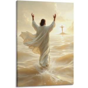 Jesus Walking On Water Poster Canvas Wall Art Religious Ocean Painting Picture Wall Decor Christian Canvas Print Artwork For Living Room Bathroom Bedroom Church Home Decoration12x18inch(30x45cm) (Frame-style)