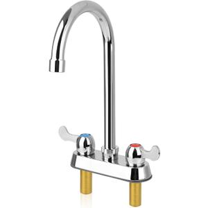 4 Inch Commercial Bar Sink Faucet with 6" Gooseneck Spout, Dual Handle Deck Mount Utility Sink Faucet for Laundry, RV, Outdoor Sink, Brass Constructed
