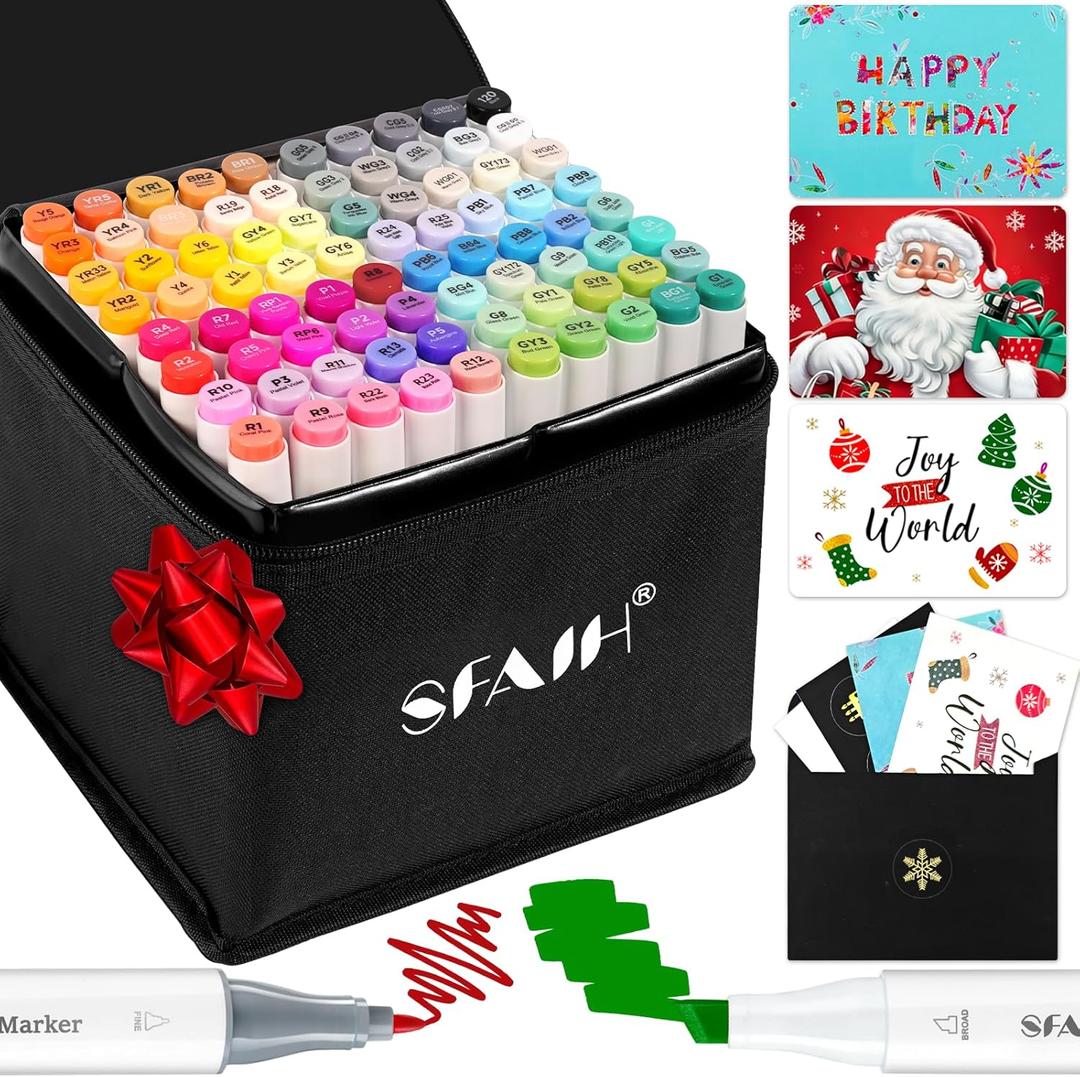 SFAIH Alcohol Markers Fine & Chisel - Ideal Christmas Gift & Stocking Stuffers - 81 Colors Dual Tip - Coloring Illustration Marker for Teens, Beginners Artist [Greeting Card, Leather Storage Box]
