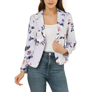 Allegra K Women's Open Front Office Work Business Lightweight Summer Crop Suit Blazer L Purple-Floral
, Size XL