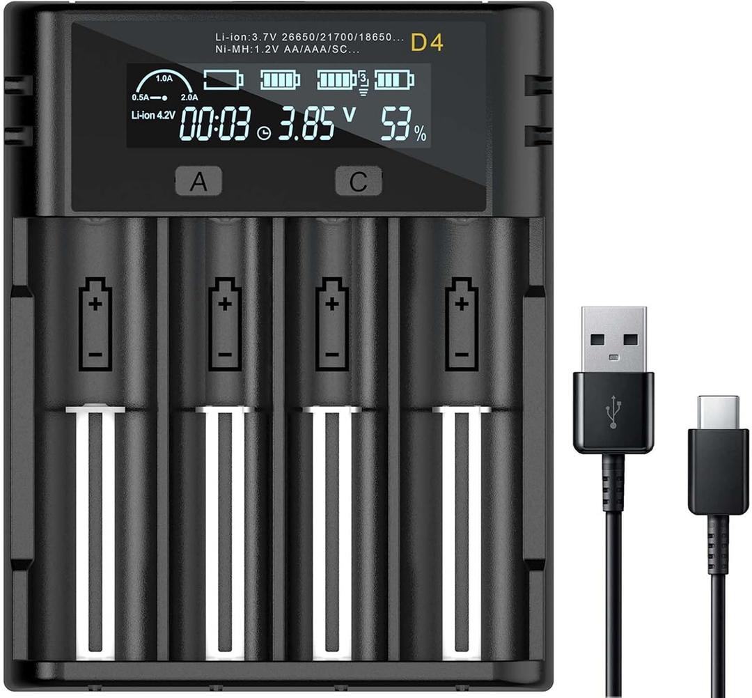 Universal Battery Charger, 4 Bay Battery Charger with Smart LCD Display Fast Charge for Rechargeable Batteries Li-ion LiFePO4 NI-MH NI-Cd AA AAA C 21700 26650 13650 16340 18350 18700 RCR123