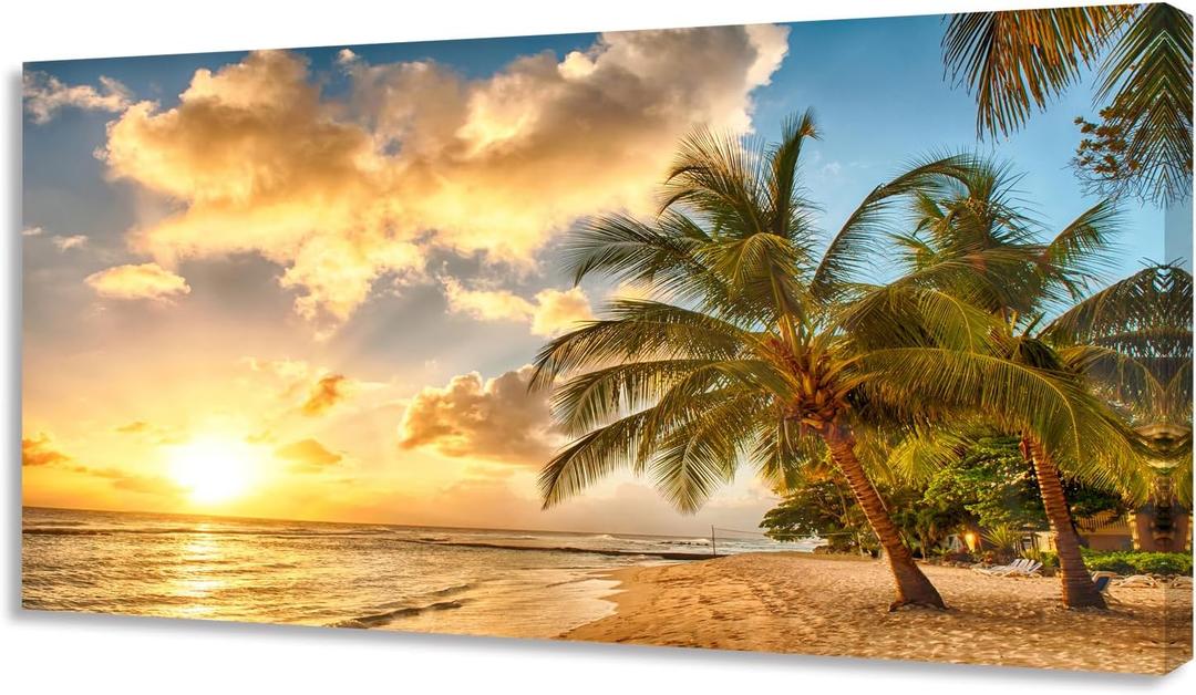 Wall Art Canvas Painting Golden Ocean Beach Palm Tree 1 Piece Sunset See Coconut Trees Landscape Picture Poster Print Framed and Stretched Ready to Hang for Living Room Bedroom Office Artwork (58"L x 29"W, Yellow)
