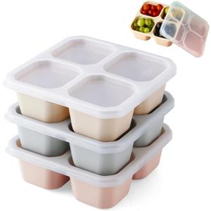 Emptycolor 3 Pack Silicone Snack Containers with Lids 4 Compartment Bento Lunch Box for Adults, Reusable Divided Food Storage for Daycare, Travel, Work, BPA Free, Microwave Safe