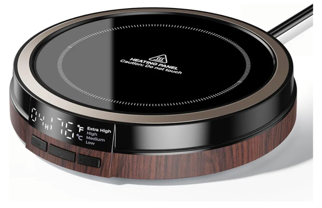 Coffee Mug Warmer for Desk, 50W Fast Heating Cup Warmer with Smart Display, 4 Temps & 12H Timer, Auto Shut Off for Tea, Milk, Hot Drinks - Wood Effect
