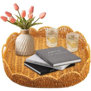 Elliptical Rattan Scalloped Tray, Woven Basket Tray with Bulit-in Handles Scalloped Edges Serving Tray for Coffee Table Living Room Home Decor 14.2" L x 10.9" W x 3.4" H