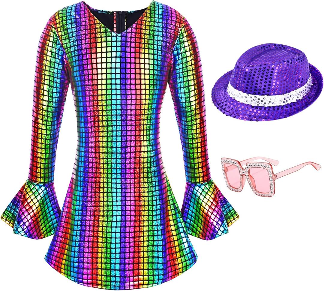 70s Disco Costume Outfit for Girls Bell Sleeve Sequins Dance Dress with Accessories Age 3-10 (3-4T Height 39.4-41.8in, Multicolour)