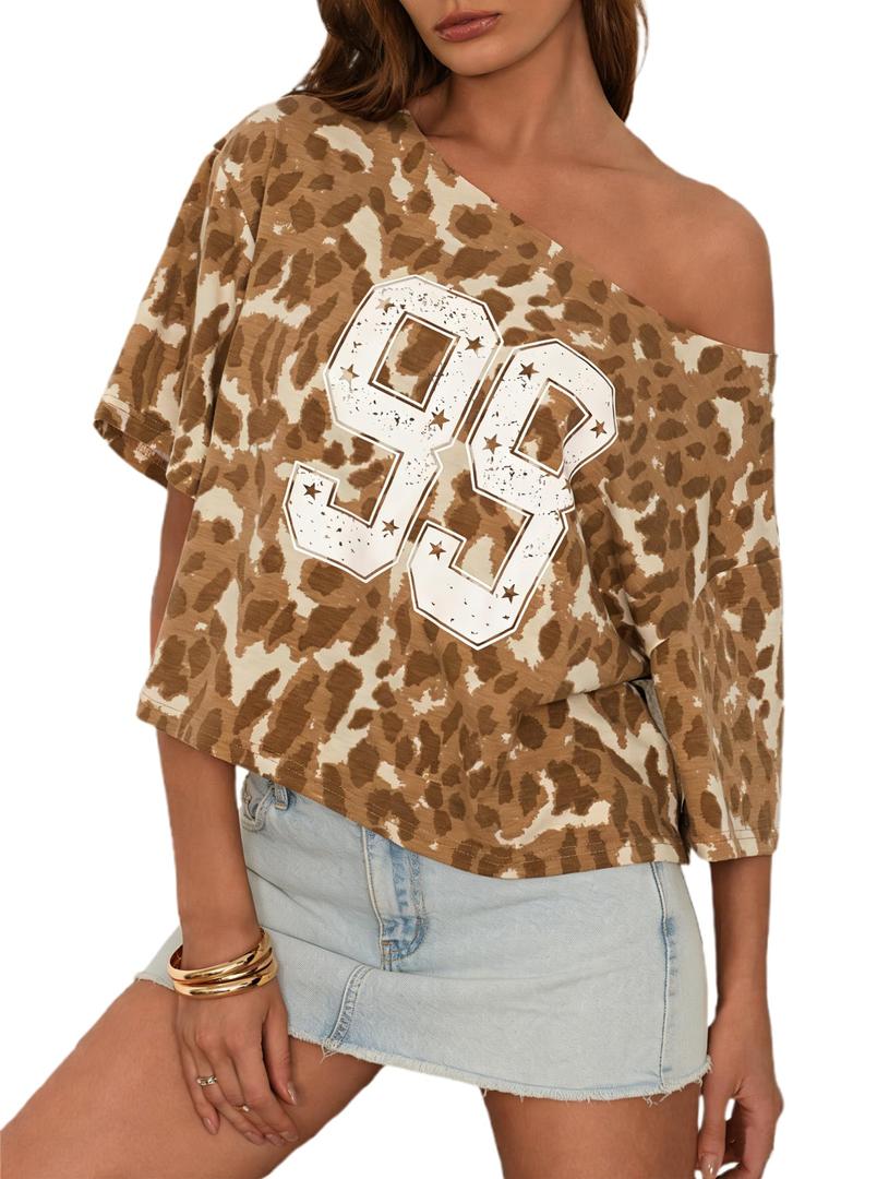 CSDAJIO Women's Leopard Short Sleeve One Off The Shoulder Oversized Crop Top Graphic Cropped Tee Loose T Shirt 99 Leopard Brown Medium (Brown, M)