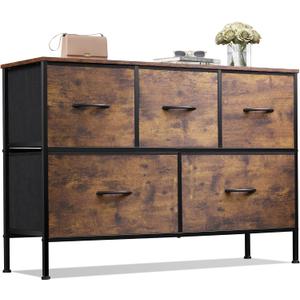 WLIVE Dresser for Bedroom, with 5 Fabric Drawers, Rustic Brown Wood Grain, 11.73"D x 39.37"W x 26.57"H