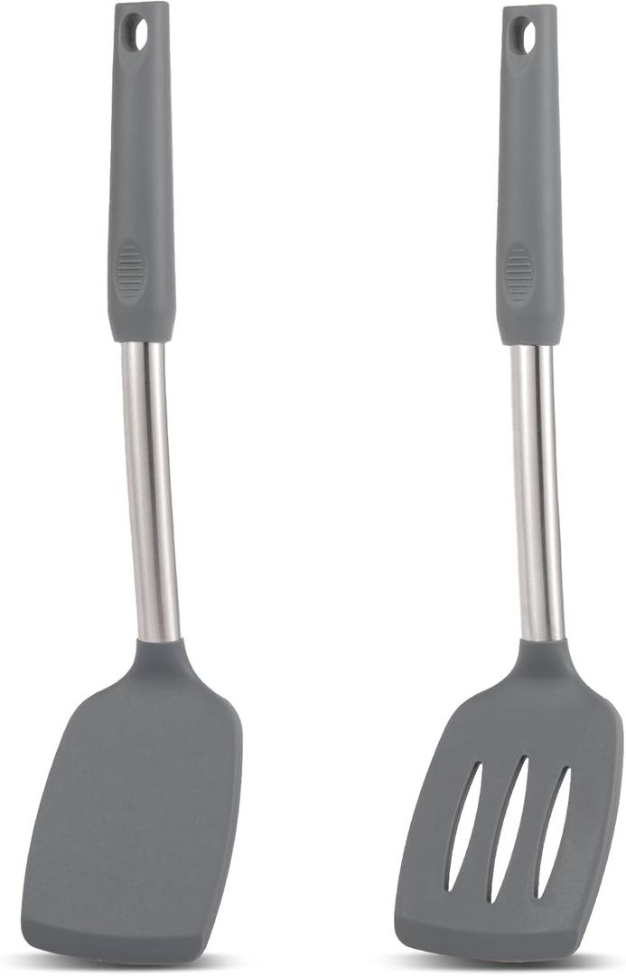 Pack of 2 Non Stick Solid & Slotted Silicone Spatula Set, Heat Resistant Silicone Turners for Fish,Eggs,Pancakes (Black Grey)