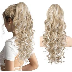 REECHO Ponytail Extension, 20” Claw Clip Ponytail Extension Curly Clip in Ponytail Long Pony Tails Hair Extensions for Women Fluffy Natural Looking Synthetic Hairpiece, Medium Blonde with Highlights