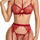 RSLOVE Lingerie Sets for Women Sexy - Floral Lace Underwire Removable Choker Garter Belt Sheer Bra and Panty Set (Small, Wine Red)