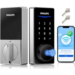 Philips Built-in WiFi Smart Lock, Keyless Entry Door Lock with App, Touchscreen Fingerprint Door Lock, Compatible with Alexa & Google, Splash-Proof, Includes 8 Batteries, Nickel