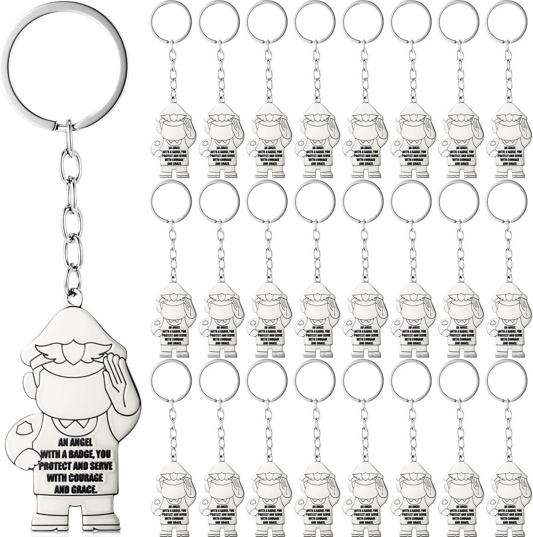 Tondiamo 24 Pcs Police Officer Gift Keychain Metal Angels at Work and Play Keychain for Employee Appreciation Retirement Gift