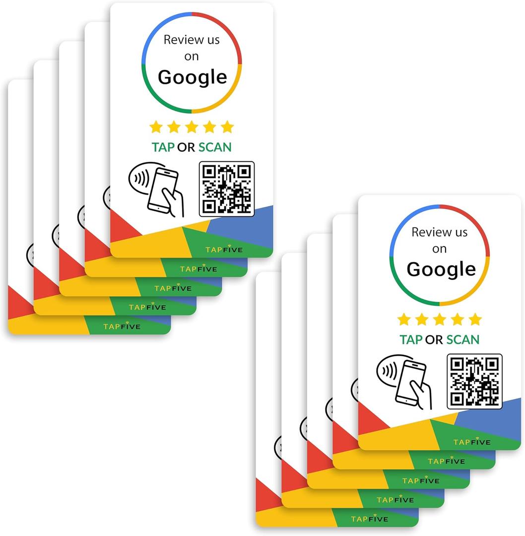 Google Review Tap Cards (10-Pack) by TapFive - Tap for Instant Reviews - All Phones Compatible - Reusable Smart Tap NFC & QR - Boost Business Reviews - Powered by TapFive (10 Card Pack)