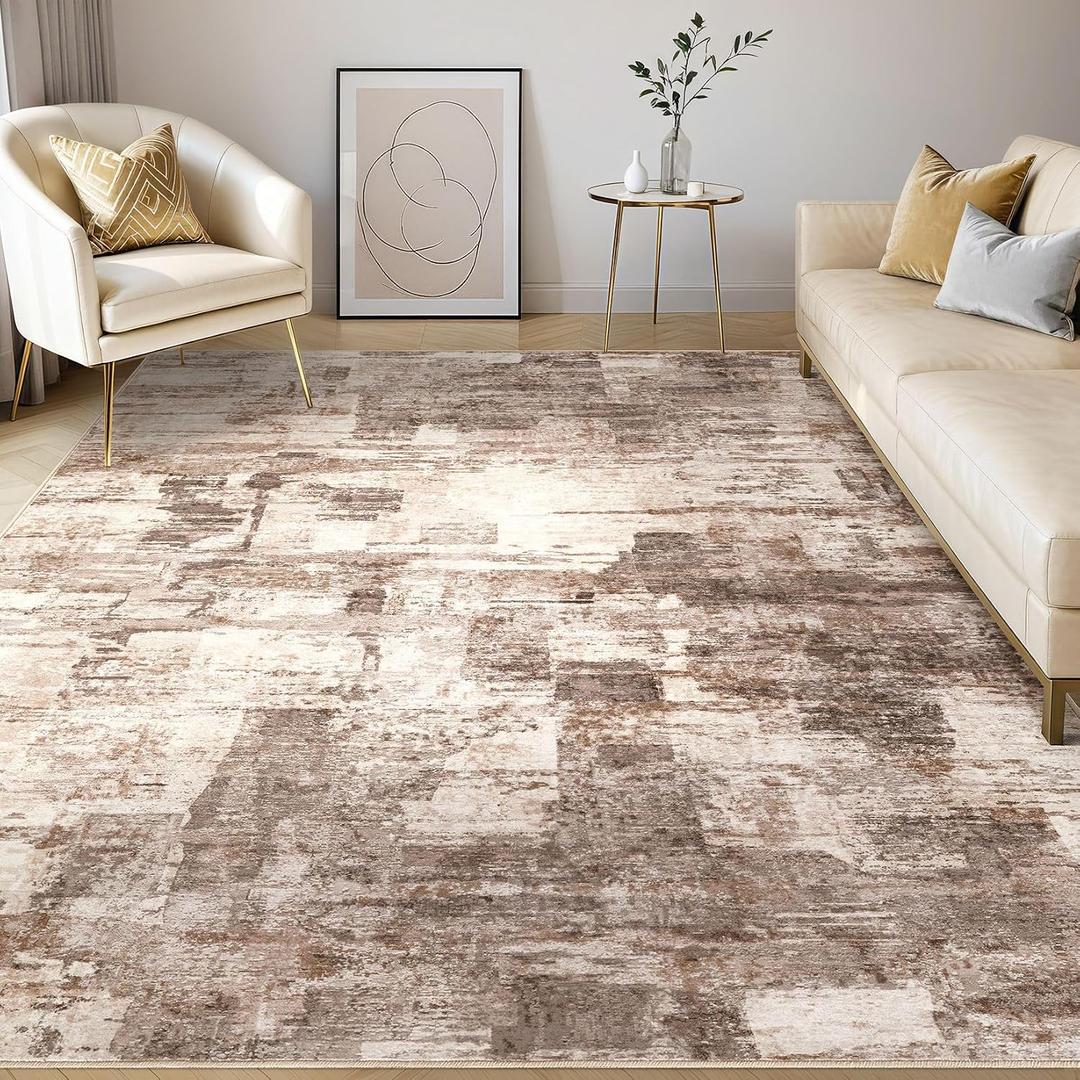 kakania Abstract 9x12 Area Rugs for Living Room: Washable Rugs Brown