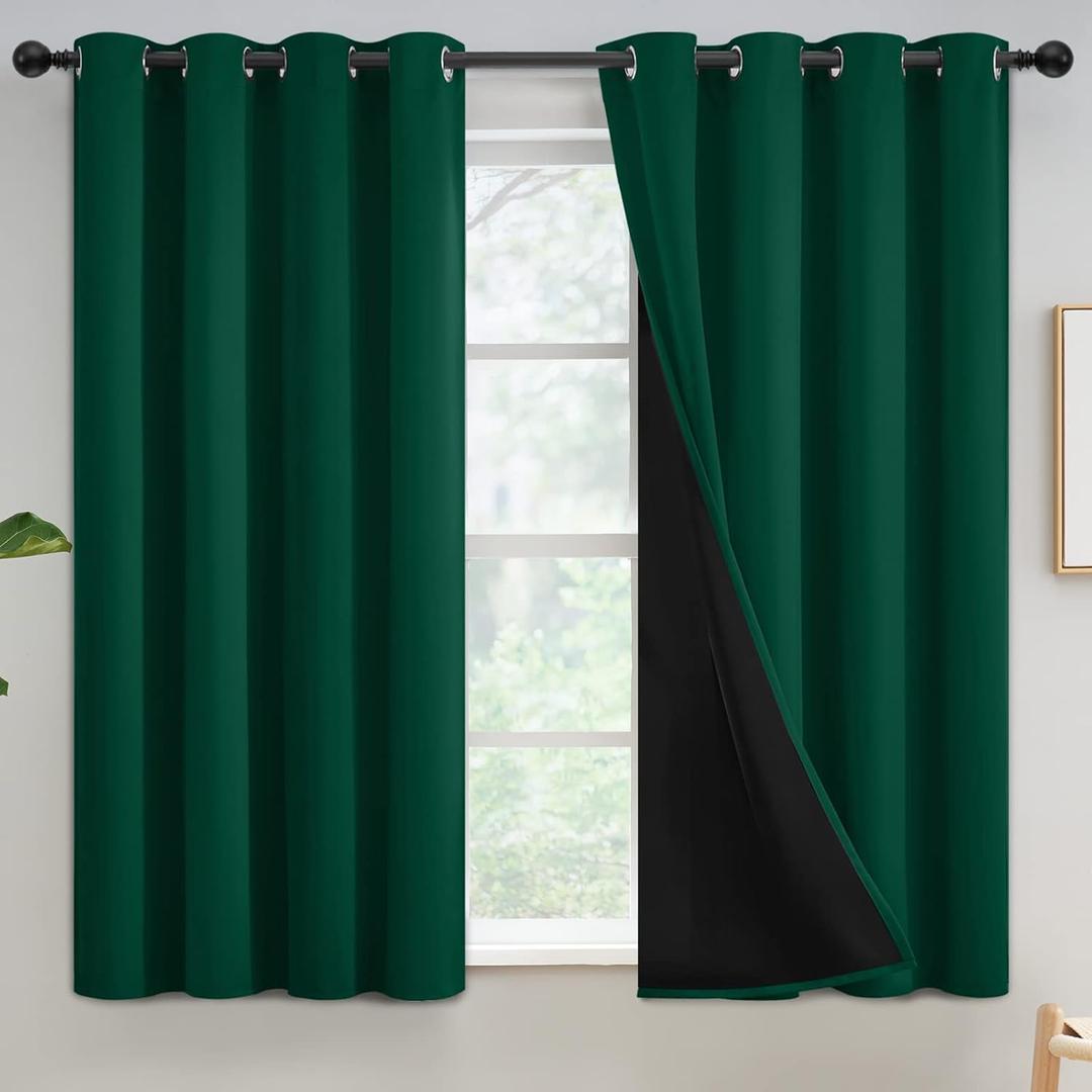 Yakamok 100% Blackout Curtains for Bedroom 54 Inch Length, Total Light Blocking Drapes with Black Backing, Thermal Insulated Solid Grommet Panels for Living Room, 52Wx54L, Emerald Green, 2 Panels
