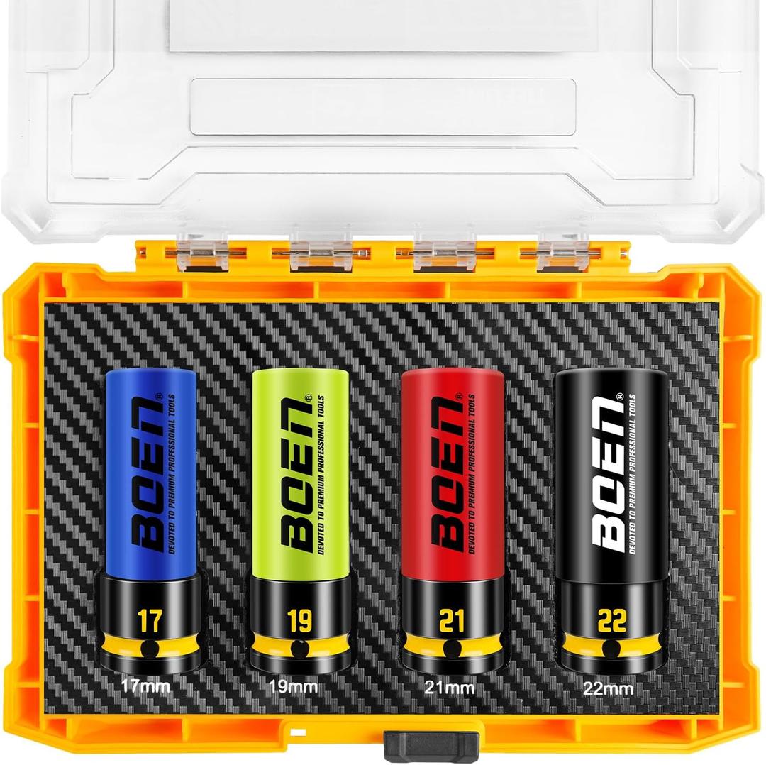 BOEN 1/2" Drive Impact Lug Nut Socket Set, 4 Pieces Non-Marring Thin Wall Wheel Protector Nut Socket, Metric (17, 19, 21, 22) mm, Color-Coded and Embossed and Painted Marking, CR-MO Steel
