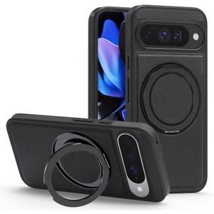 Magnetic Case Designed for Google Pixel 10/Pixel 10 Pro Premium PU Leather 360 Degree Rotatable Ring Stand Rugged Shockproof Phone Cover for Pixel 10/10 Pro (Black)