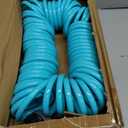 50 FT 3/8" Lightweight Coiled Garden Hose EVA Flexible with 7 Function Nozzles and Brass Connectors for Garden Watering Plants Greenhouses Patios Lake Blue