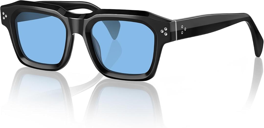 Mens Sculptural Flat-Top Acetate Sunglasses Bold Square Frame with Spring Hinges & UV400 Protection