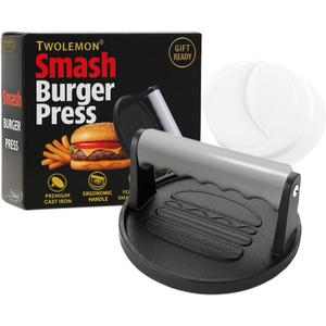 Smash Burger Press 6.7-Inch Round Cast Iron Grill Press with Ergonomic Silicone Handle  Heavy-Duty Bacon with Unique Burger Design for Even Grilling