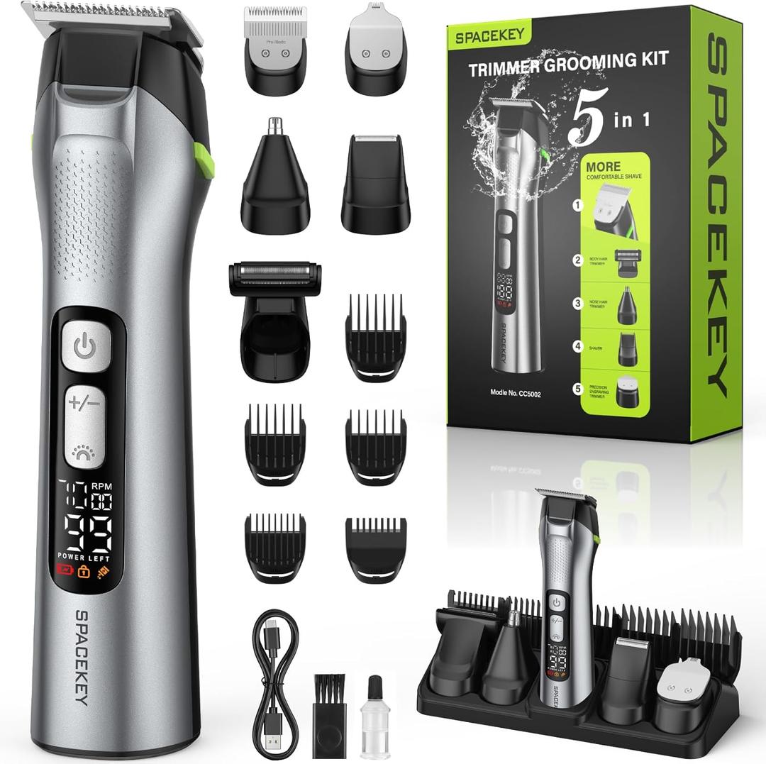 Beard Trimmer for Men, 15 Pieces Mens Grooming Kit, 5 in 1 Stainless Steel Blade Cordless Hair Clippers, 150-Min Long Runtime, IPX7 Waterproof, 3 Speeds Body Hair Trimmer for Nose, Ear, Face, Chest