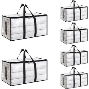6 Pack-Extra Large Heavy Duty Moving Bags - Waterproof Storage Totes with Handles & Zippers, Foldable for College Dorm, Storage (Clear)