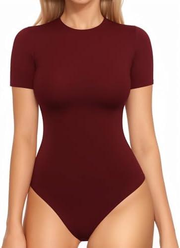 MANGOPOP Womens Short Sleeve Bodysuit Crew Neck Double Lined T-shirt Tops Second Skin Bodysuit Collection ,Size L