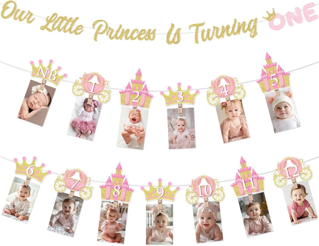 Jollyboom Princess First Birthday Decorations Girl, Princess Theme 1st Birthday Photo Banner Crown Our Little Princess Is Turning One Banner Glitter for 1 Year Old Girl 1st Birthday Party Decorations