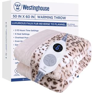Westinghouse Heated Throw Blanket, Leopard Electric Throw Blanket, Luxury Faux Fur to Flannel Reversible, 6 Heating Levels & 2-10 Hours Time Setting, Machine Washable(Throw, 50"x60")