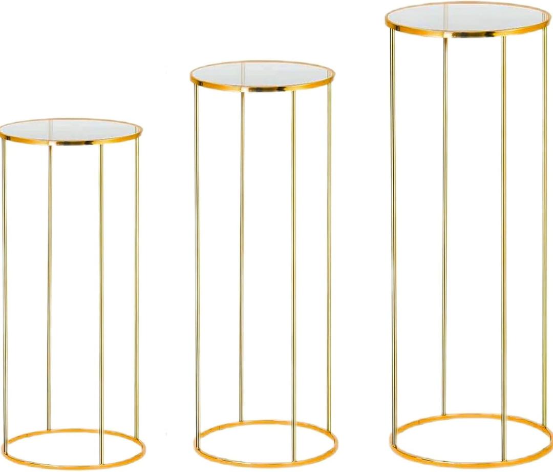 3pcs Metal Cylinder Pedestal Stand for Party, Cilindros Para Decoraciones De Fiestas, Round Cake Pedestal Tables for Wedding Display, Event Decor with Floral Plant, Birthday Backdrop- Gold