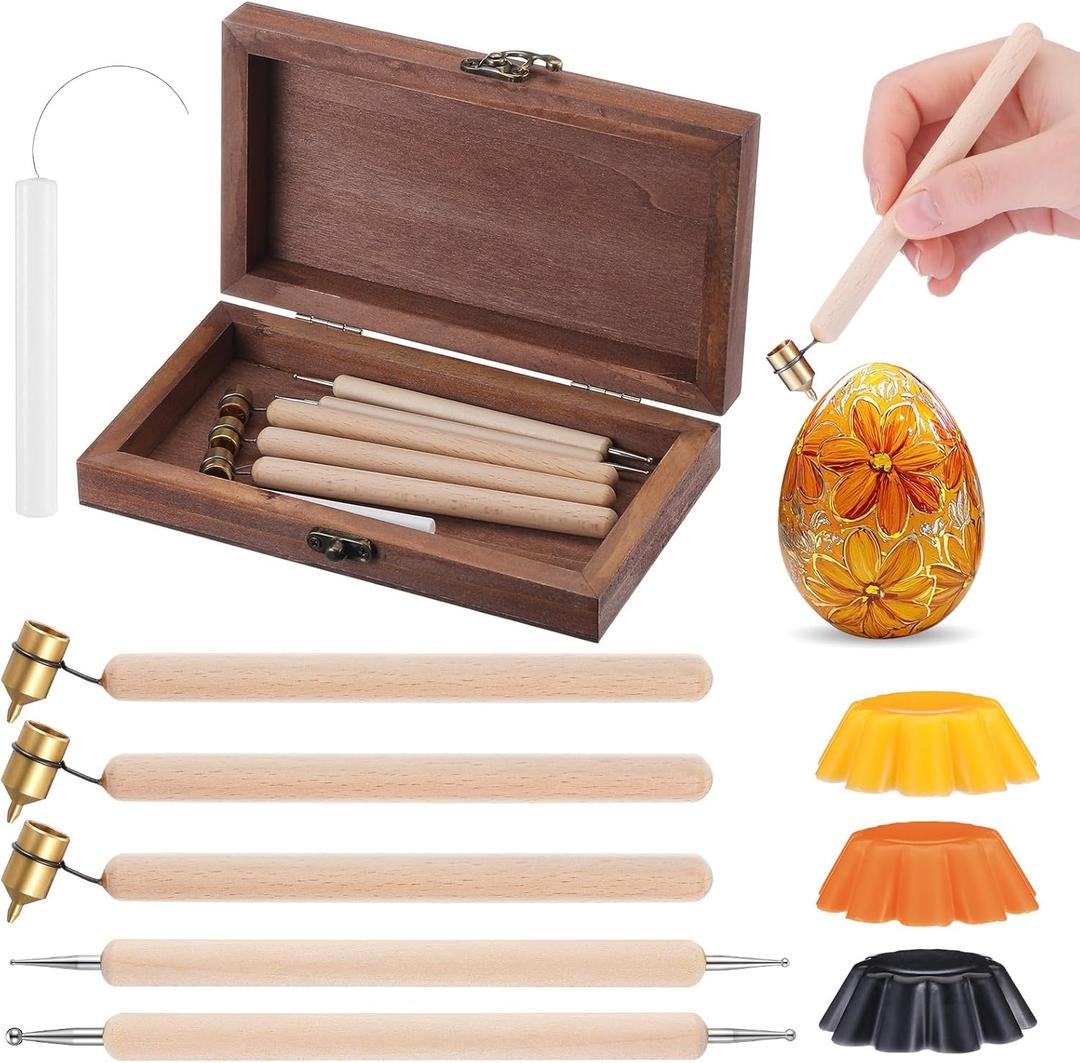 Vicenpal 10 Pcs Ukrainian Easter Egg Decorating Kit with Wood Box Pysanky Traditional Easter Decorating Set 0.3 0.4 0.5 mm Kistka Pen Double Sided Drop Pull Tool Beeswax for Color Egg DIY Craft Set